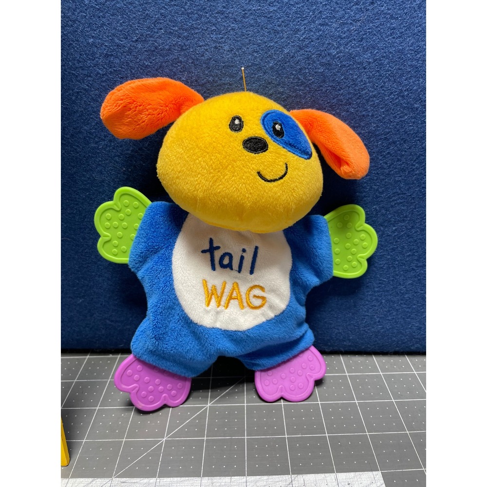Cribmates Baby Plush Teether Puppy Dog Yellow Blue Tail Wag Crinkle ToyCM77424DG